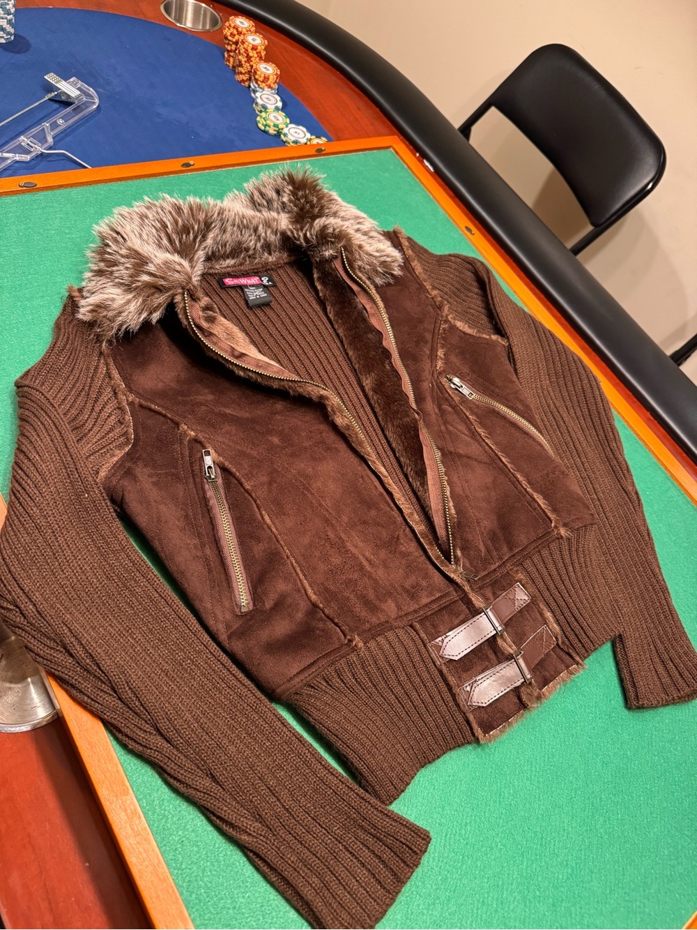 Y2K Vintage 2000s Brown Faux-Fur Collar Bomber Jacket by Say What?